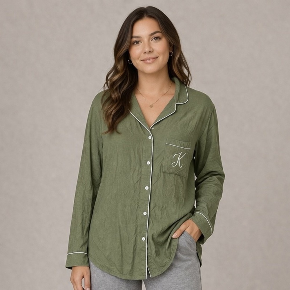 Green Sleepshirt Womens Medium Button Front Long Sleeve Monogram K Nightshirt